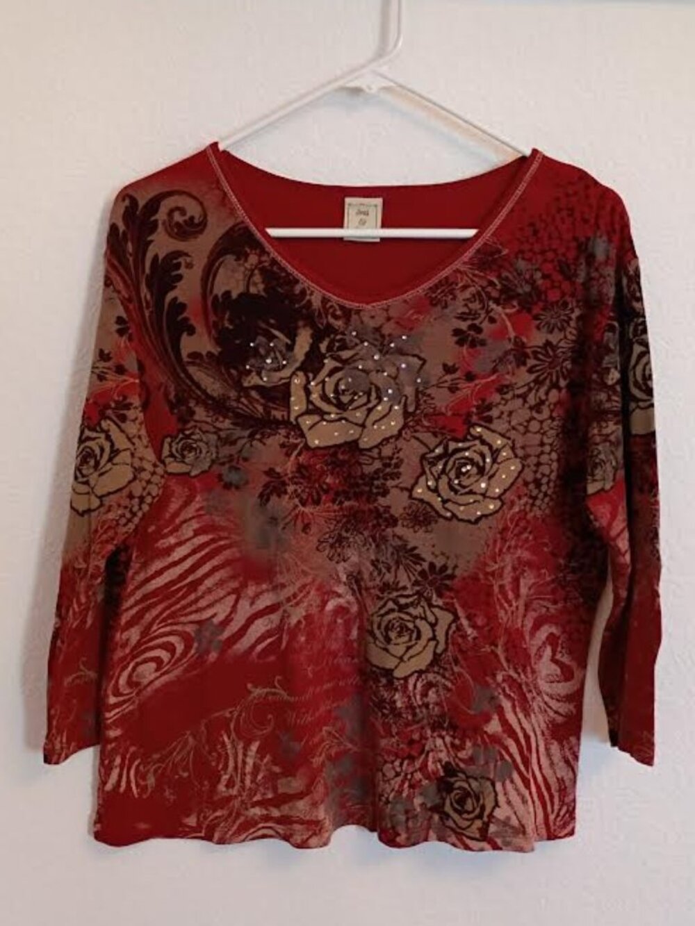 JESS & JANE WOMEN'S TOP RED TAN ROSES 3/4 SLEEVE RHINESTONES STRETCH SIZE LARGE